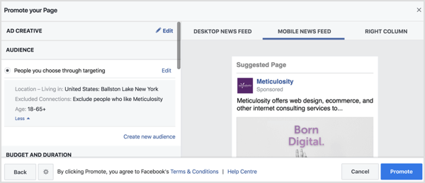 Facebook bo samodejno zapolnil nastavitve občinstva glede na vašo lokacijsko stran. 