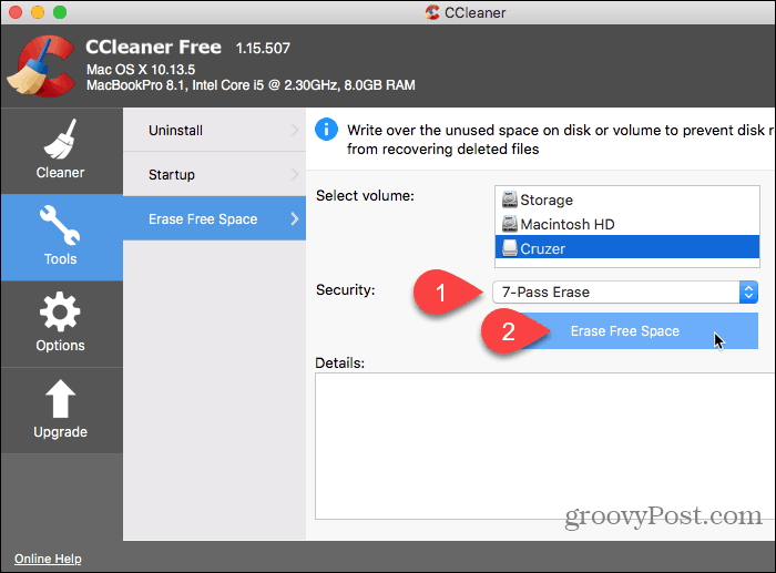 Izberite Varnost in v CCleanerju kliknite Erase Free Space