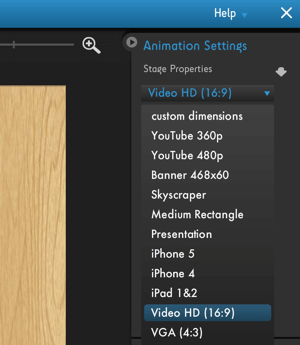 Kliknite meni Nastavitve animacije Moovly, da si ogledate možnosti za optimizacijo video platforme.