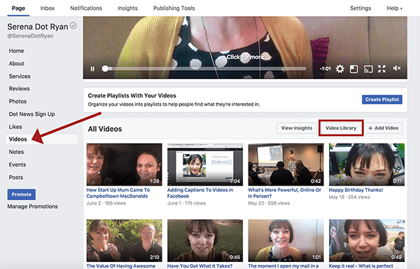 Na svoji poslovni strani v Facebooku kliknite Video posnetki in nato Videoteka, da si ogledate vse svoje videoposnetke.