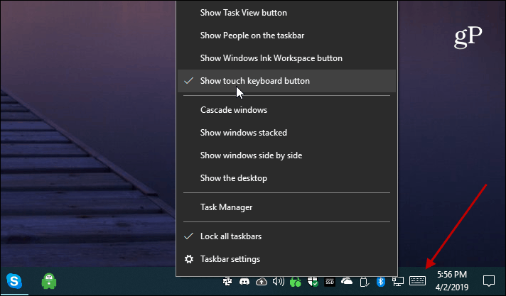 Gumb tipkovnice za Windows 10 Show Touch