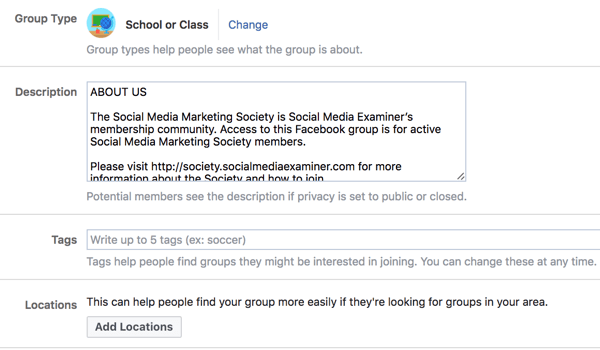 Navedite dodatne podrobnosti o svoji skupini na Facebooku, da jo bodo ljudje lažje odkrili.