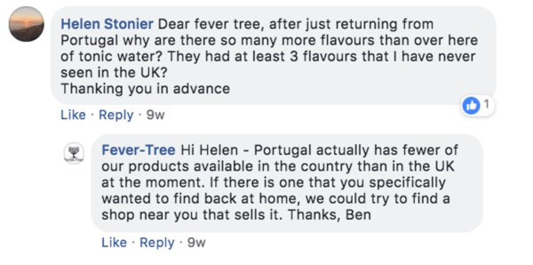 Primer odziva vročinskega drevesa na vprašanje stranke v objavi na Facebooku.