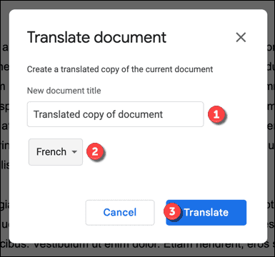 Možnosti prevajanja v Google Dokumentih
