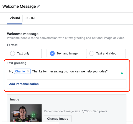 Kako ciljati na tople potencialne stranke z oglasi Facebook Messenger, korak 12, primer personalizacije predloge ciljne pošte za messenger
