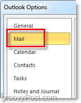 kliknite zavihek možnosti pošte v programu Outlook 2010