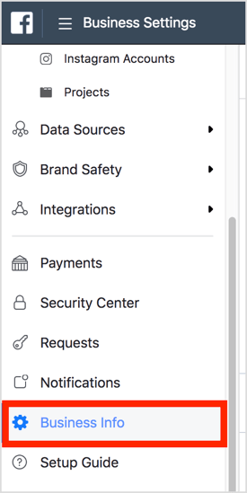 Odprite Business Settings in izberite Business Info, da poiščete ID podjetja.