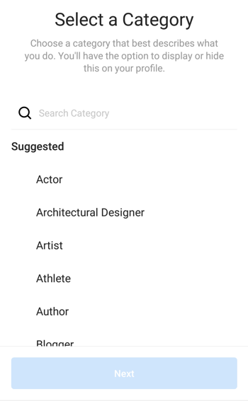 Izbira kategorije profila Instagram Creator, 1. korak.