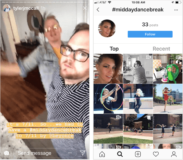 Tyler J. McCall objavi video posnetek Instagram Story, na katerem je prikazan, kako pleše z napisom »To je 7/11. Tako smo morali @beyonce imeti #middaydancebreak do 7/11. " Instagram stran s hashtagi za #middaydancebreak, prikazana na desni, ne prikazuje vseh Tylerjevih objav s tem hashtagom, njegov kontekst pa je mešan z objavami drugih uporabnikov Instagrama, ki so prav tako uporabljali lojtra.