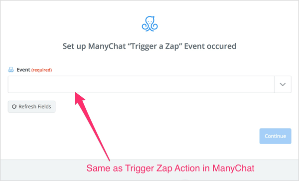 Izberite dejanje Trigger Zap, ki ste ga ustvarili v toku ManyChat.