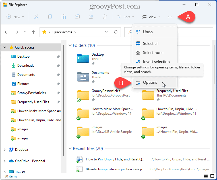 Izberite Možnosti v File Explorerju