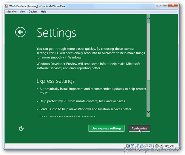 VirtualBox Windows 8 izrazite ali prilagodite nastavitev