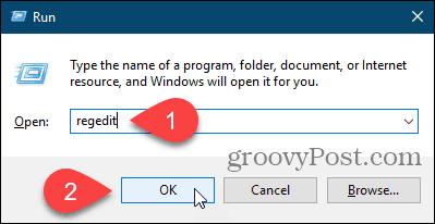 Odprite urejevalnik registra v pogovornem oknu Zaženi v sistemu Windows