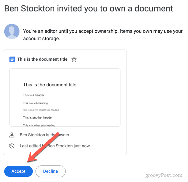 E-poštno povabilo za sprejem ali zavrnitev lastništva datoteke Google Dokumentov