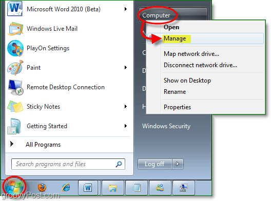 dostop do upravitelja naprav iz začetnega menija Windows 7