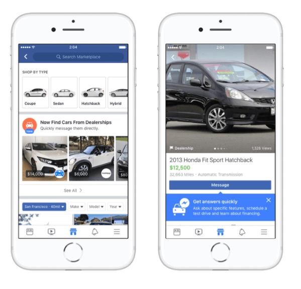 Facebook Marketplace sodeluje z vodilnimi v avtomobilski industriji Edmundsom, Cars.com, Auction123 in drugimi, da kupcem v ZDA olajša nakup avtomobila.