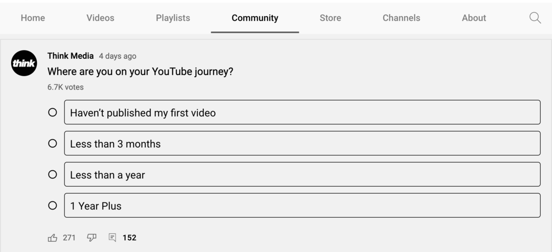 slika ankete na zavihku Skupnost na kanalu YouTube