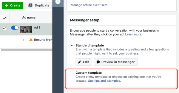 Kako ciljati na tople potencialne stranke z oglasi Facebook Messenger, 10. korak, možnost predloge po meri za ciljne messengerje
