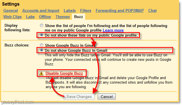 v nastavitvah gmaila kliknite zavihek google buzz