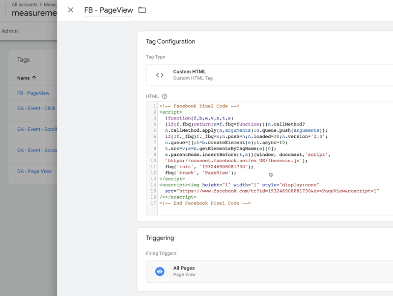 primer konfiguracija oznak google tag manager, imenovana fb pageview, vrsta oznake nastavljena na html po meri z nekaj html kode, sprožilci sprožitve pa nastavljeni na vse strani