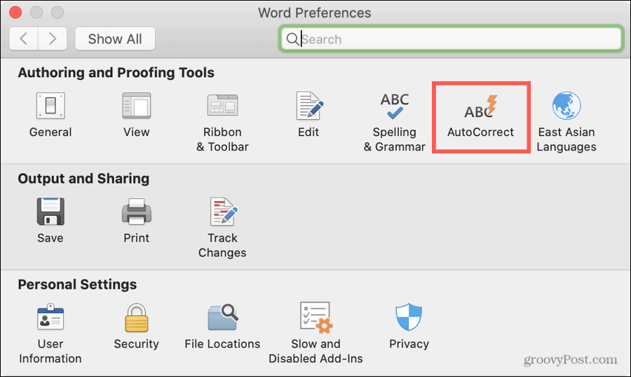 Word Preferences AutoCorrect v sistemu Mac