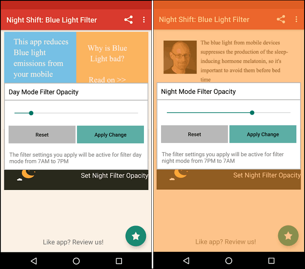 nočna izmena modra svetloba filter Android