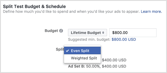 Proračun preizkusa delitve oglasov na Facebooku