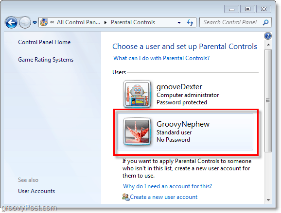 izberite uporabnika, ki bo prilagodil lastnosti starševskega nadzora v sistemu Windows 7