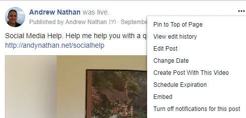 Če želite kodo za vdelavo prenesti v video objavo Facebook Live, kliknite meni s tremi pikami in izberite Vdelaj.