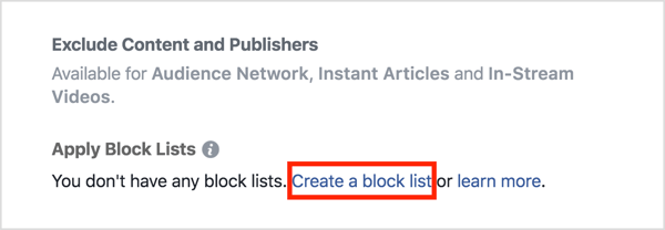 V razdelku Umestitve oglasa kliknite Uporabi sezname blokov in nato Ustvari seznam blokov.