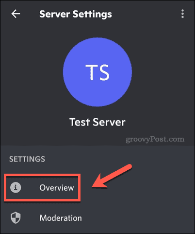 Meni z nastavitvami strežnika na Discord mobile