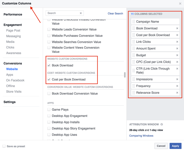 Izberite stolpce, ki jih želite dodati v tabelo z rezultati Facebook oglasov.