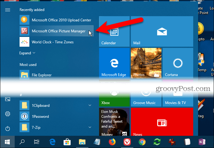 Microsoft Office Picture Manager pod možnostjo Nedavno dodano v meniju Windows 10
