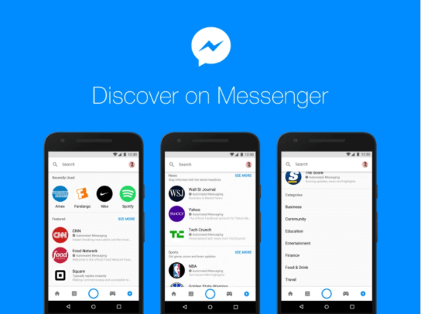 Facebook-ovo novo vozlišče Discover znotraj platforme Messenger ljudem omogoča brskanje in iskanje botov in podjetij v programu Messenger.