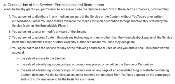 YouTubovi pogoji storitve jasno opisujejo omejeno komercialno uporabo platforme.