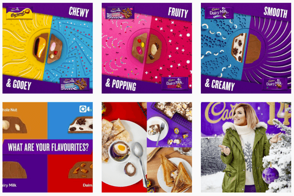 Vir Instagram za Cadbury's se osredotoča na njihovo ikonično vijolično barvo.