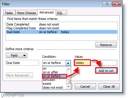 Posnetek zaslona: Filter za namestitev opravilne vrstice Outlook 2007 danes