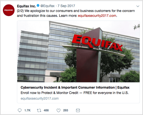Socialna objava Equifax s pravilnim URL-jem,