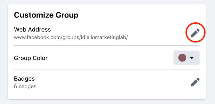 za urejanje spletnega naslova označena možnost prilagajanja nastavitev skupine za facebook