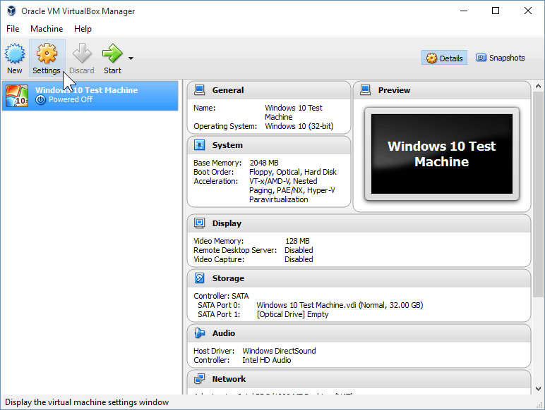 09 Odpiranje nastavitev VirtualBoxa (namestitev sistema Windows 10)
