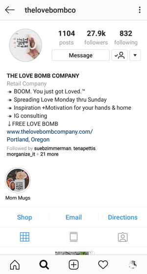 Primer biografije profila Instagram Business s ponudbo @thelovebombco.
