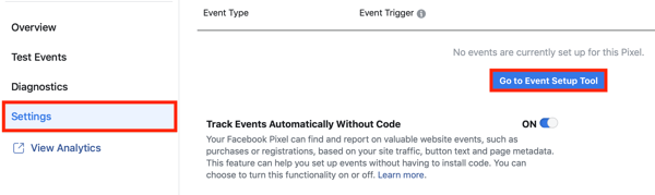 Uporabite orodje za nastavitev dogodka Facebook, korak 2, na kartici Nastavitve pojdite na gumb Orodje za nastavitev dogodkov