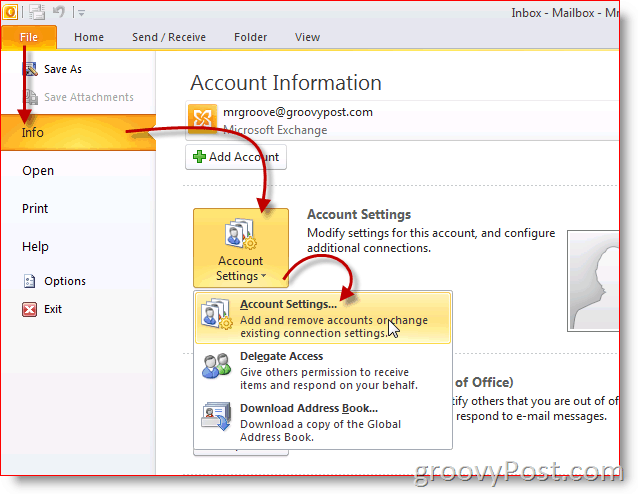 Nastavitve računa zaslona programa Outlook 2010
