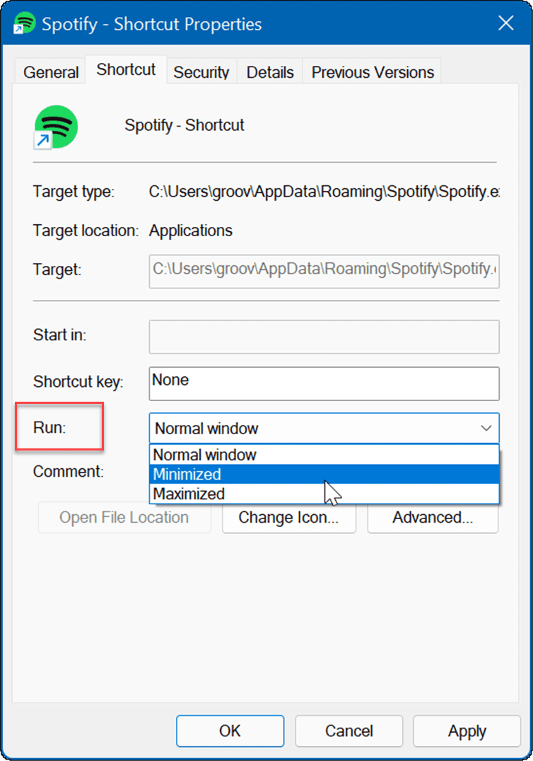 lastnosti bližnjic zaženejo aplikacije med zagonom v sistemu Windows 11