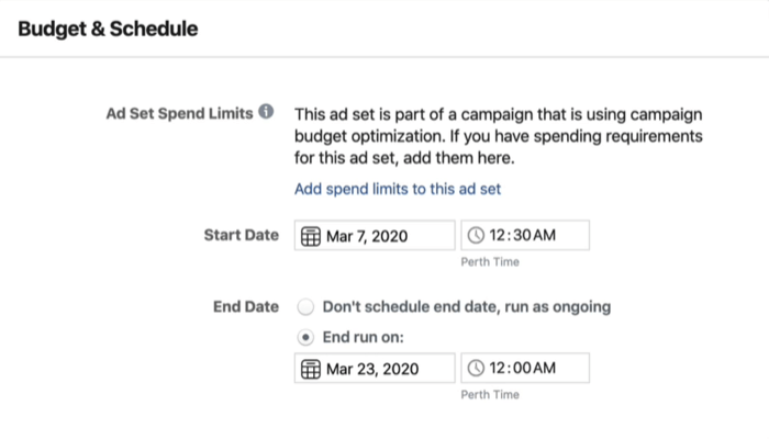 Oddelek Proračun in razpored na ravni nabora oglasov v upravitelju oglasov Facebook
