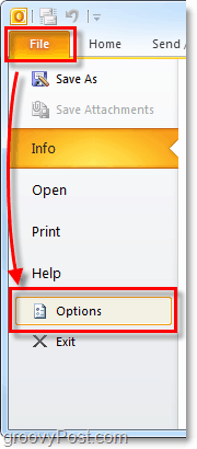 odprite možnosti za Outlook 2010