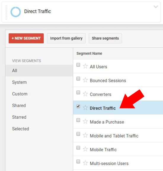 V razdelku Pregled v storitvi Google Analytics izberite Neposredni promet in se prepričajte, da niso izbrana nobena druga imena segmentov.