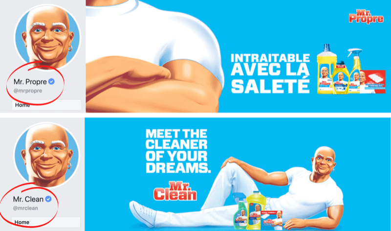 Facebook stran in slika naslovnice, ki prikazuje jezikovne razlike za blagovno znamko Mr. Clean na trgih Francije / Belgije in ZDA