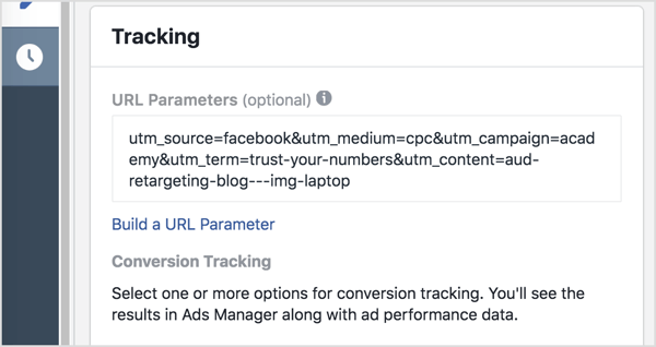 V upravitelju oglasov v polje Parametri URL dodajte parametre sledenja (vse za vprašajem).