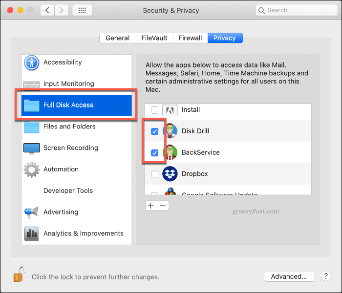 Odobritev popolnega dostopa do pogona Disk Drill na macOS-u